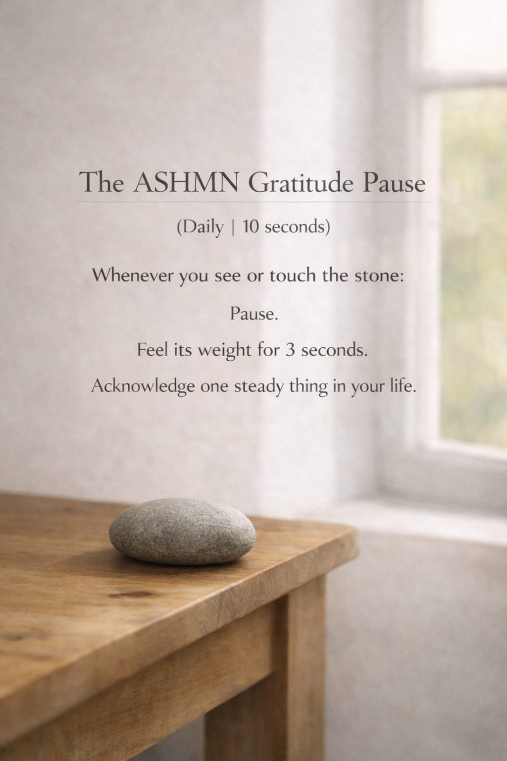 The ASHMN Gratitude Pause — stone resting on a wooden table